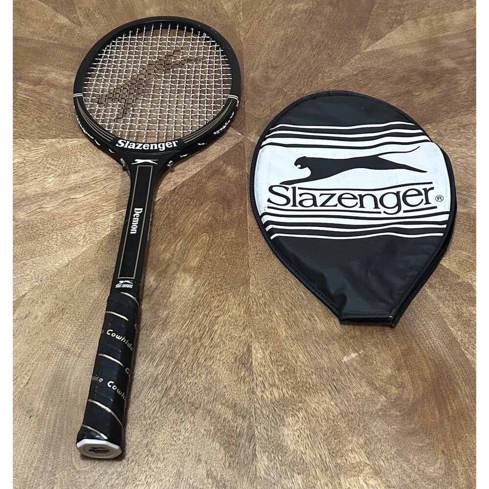 Vtg Slazenger Demon Tennis Racket L 4 1/2 Grip Black Taiwan w/ Head Cover